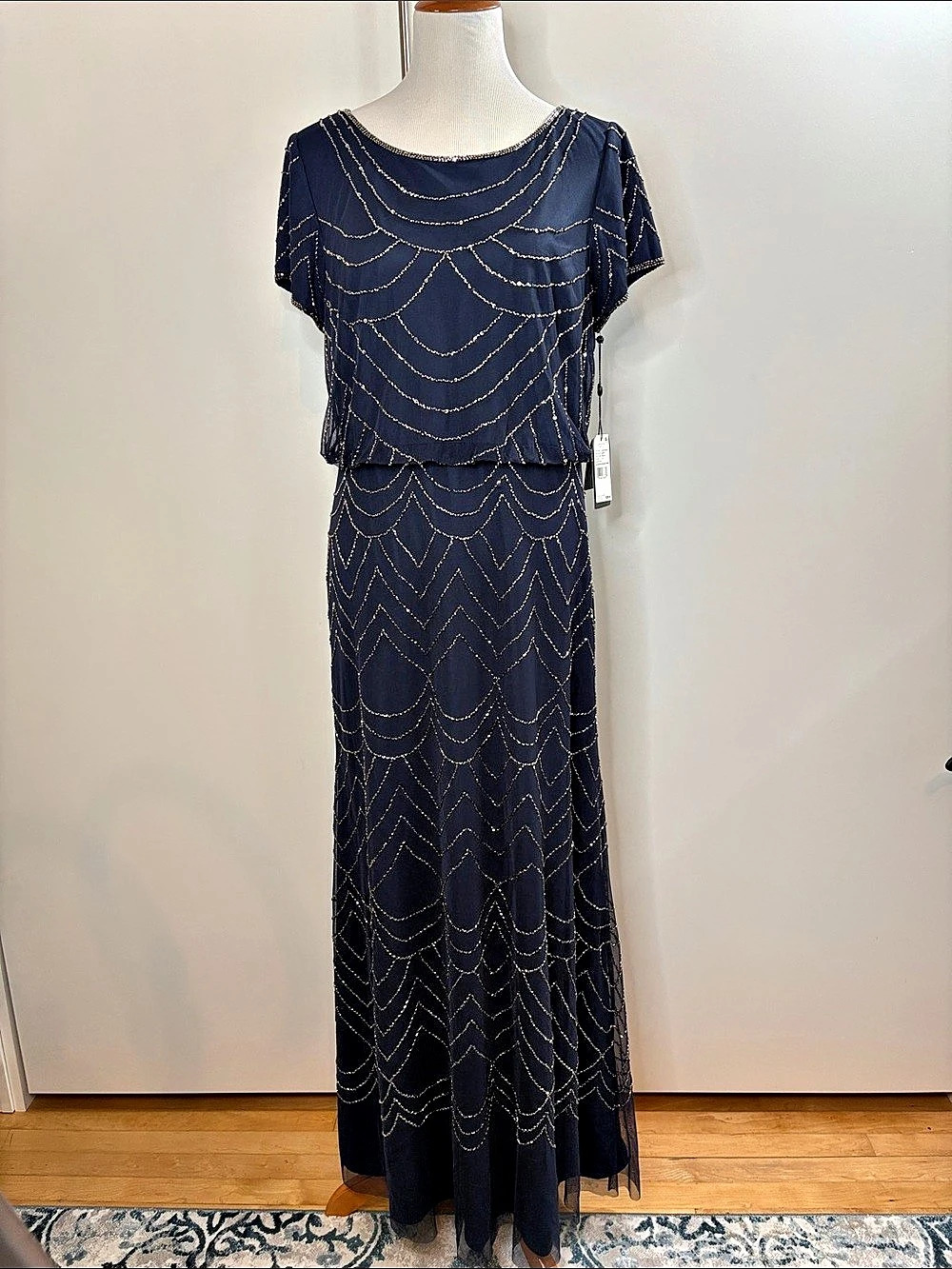Adrianna Papell Blouson Beaded Gown Blue & Gold Size 14
